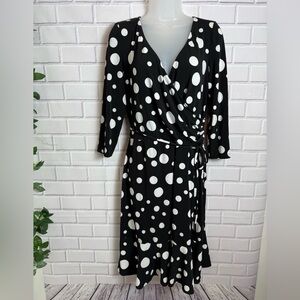 Maggy London Black and White Polka Dot wrap Long Sleeve midi Dress/size 14